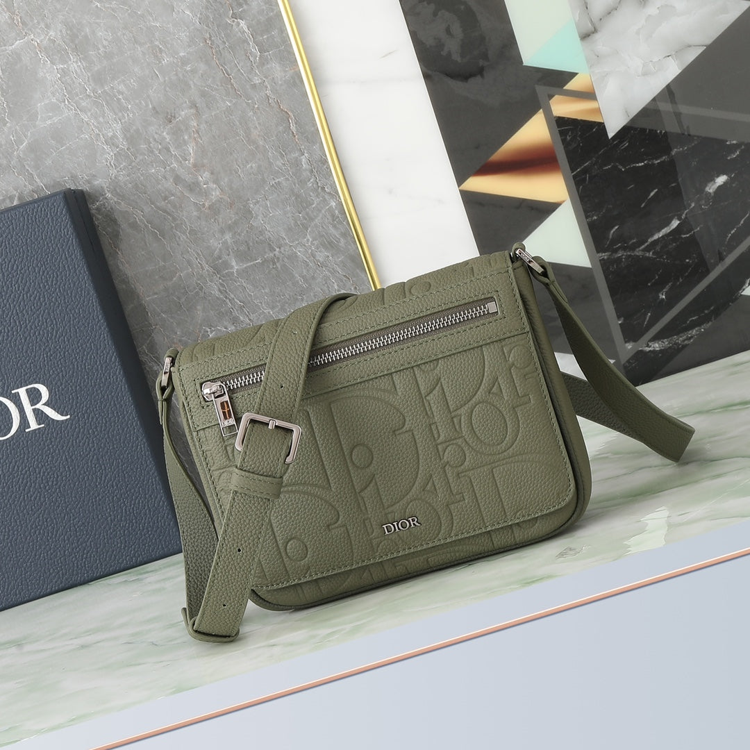 Dior Olive Green Embossed Leather Messenger Bag with Adjustable Strap
