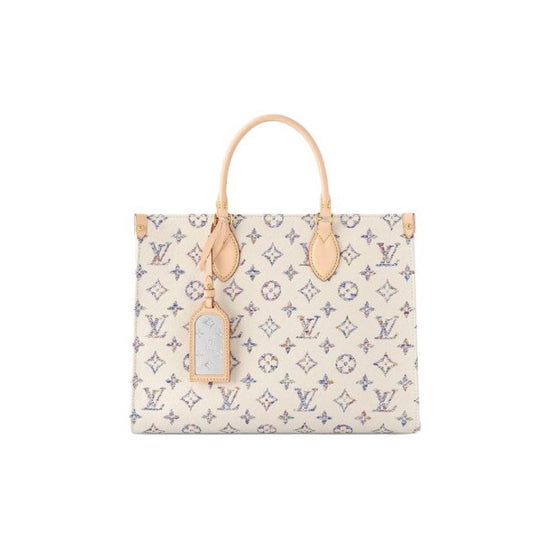 Louis Vuitton White Monogram Canvas Tote Bag with Beige Leather Handles