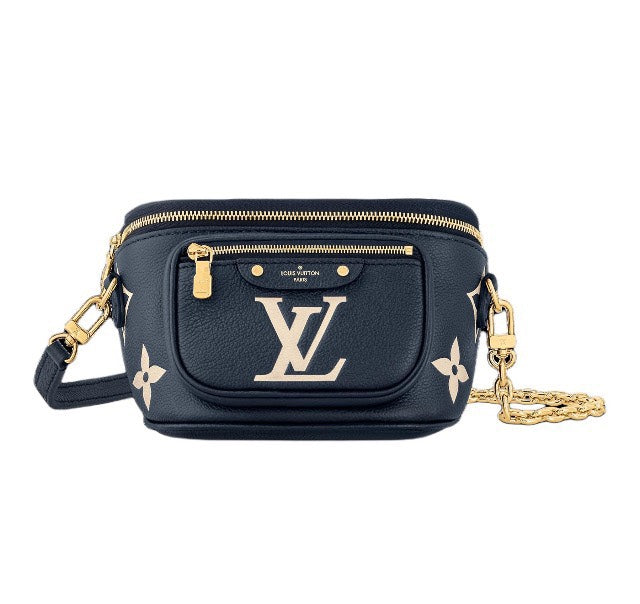 Louis Vuitton Navy Blue Leather Belt Bag with Gold Chain Strap and Floral Design