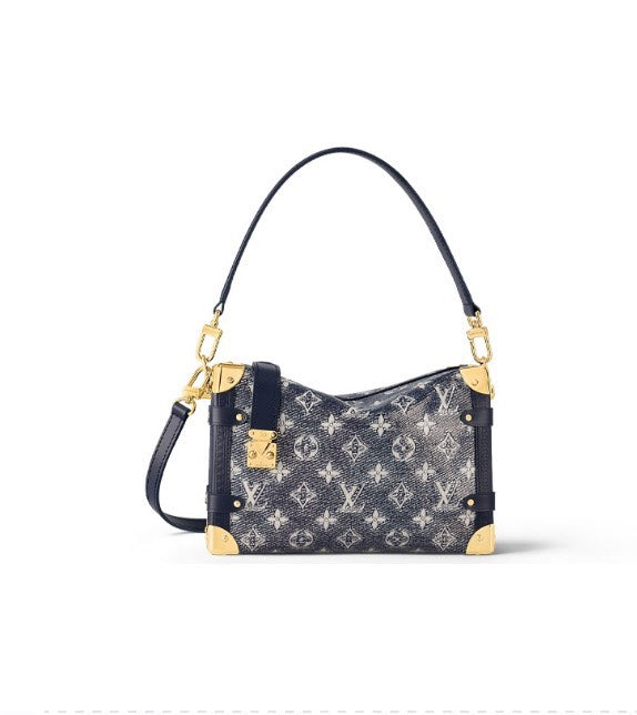 Louis Vuitton Navy Blue Denim Monogram Trunk Handbag with Gold Hardware