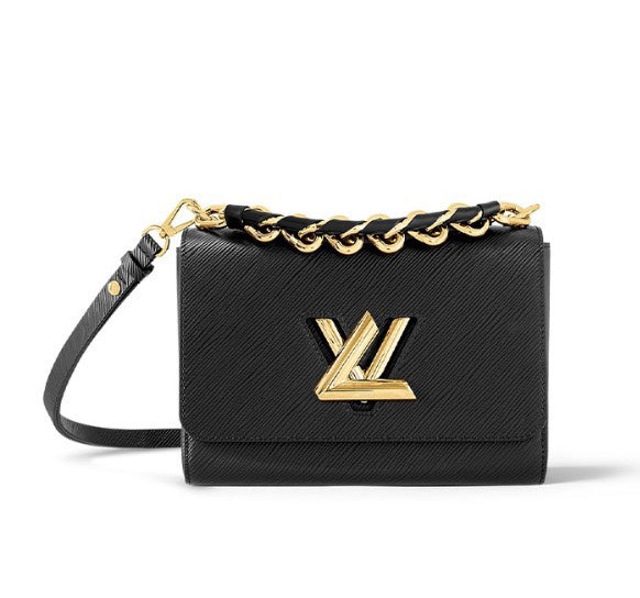 Louis Vuitton Luxury Black Leather Flap Shoulder Bag with Gold Chain Strap