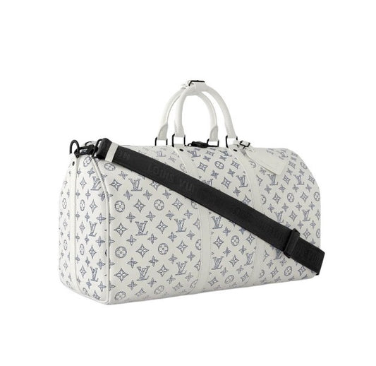 Louis Vuitton Luxury White Monogram Travel Duffle Bag with Shoulder Strap