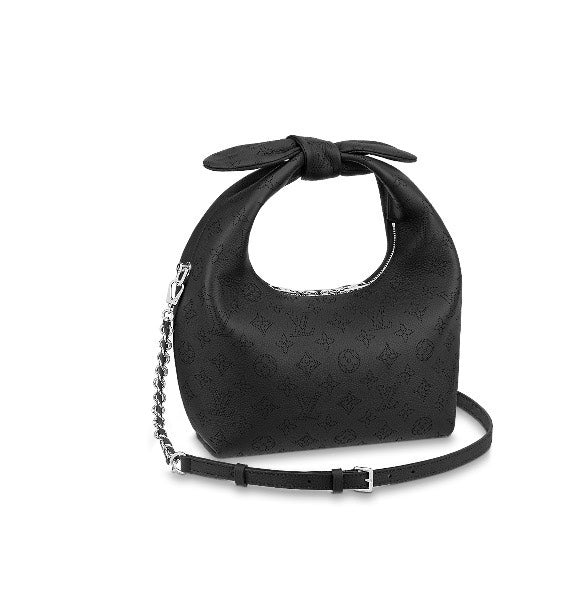 Louis Vuitton Black Embossed Hobo Handbag with Top Knot Handle and Chain Strap