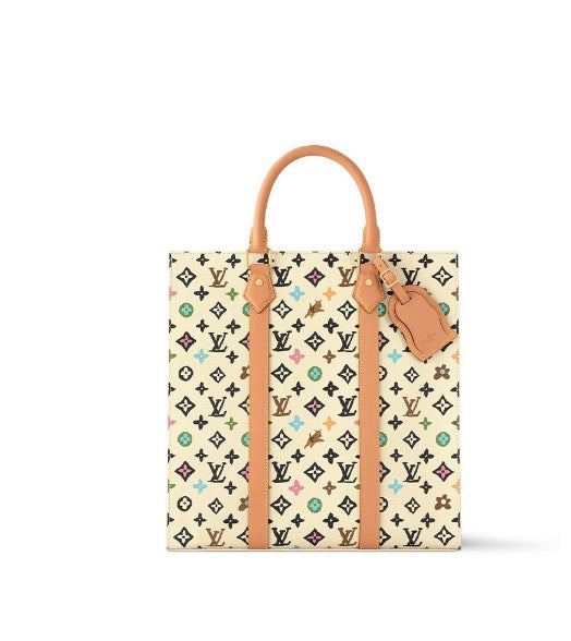 Louis Vuitton Vintage Multicolor Monogram Canvas Tote Bag with Tan Leather Handles