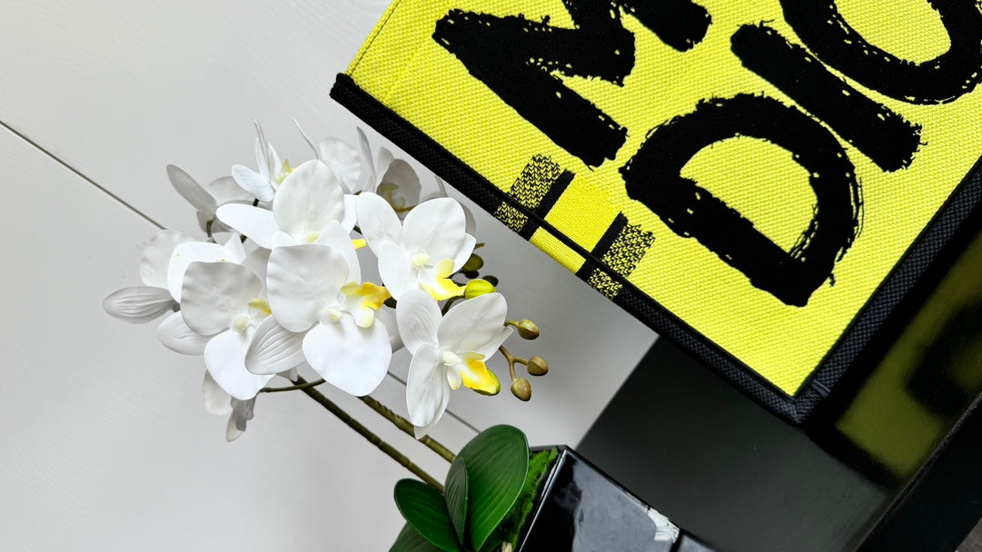 Dior Yellow and Black Graffiti Text Print Canvas Tote Bag with Top Handles