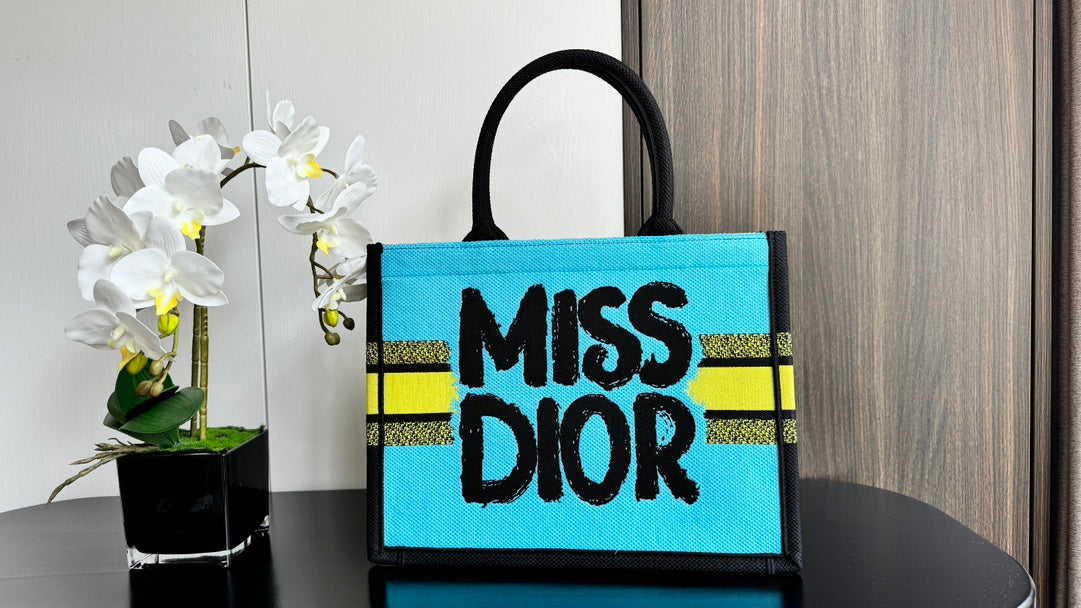 Dior Miss Dior Graffiti Yellow Canvas Tote Bag - Large Designer Handbag