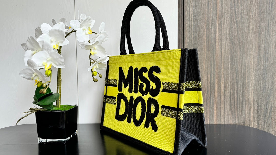 Dior Vibrant Yellow Canvas Tote Bag with Black Graffiti Print