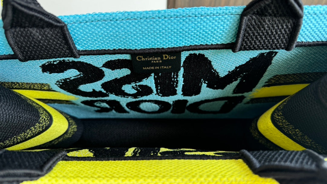 Dior Vibrant Yellow Canvas Tote Bag with Black Graffiti Print