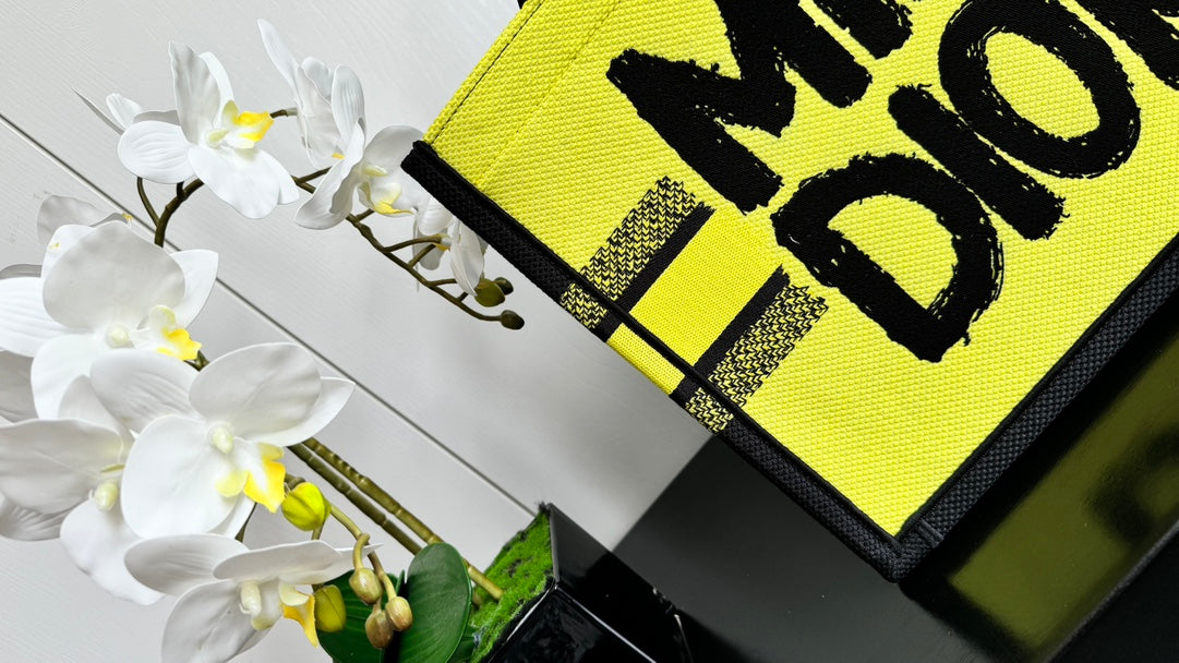 Dior Vibrant Yellow Canvas Tote Bag with Black Graffiti Print