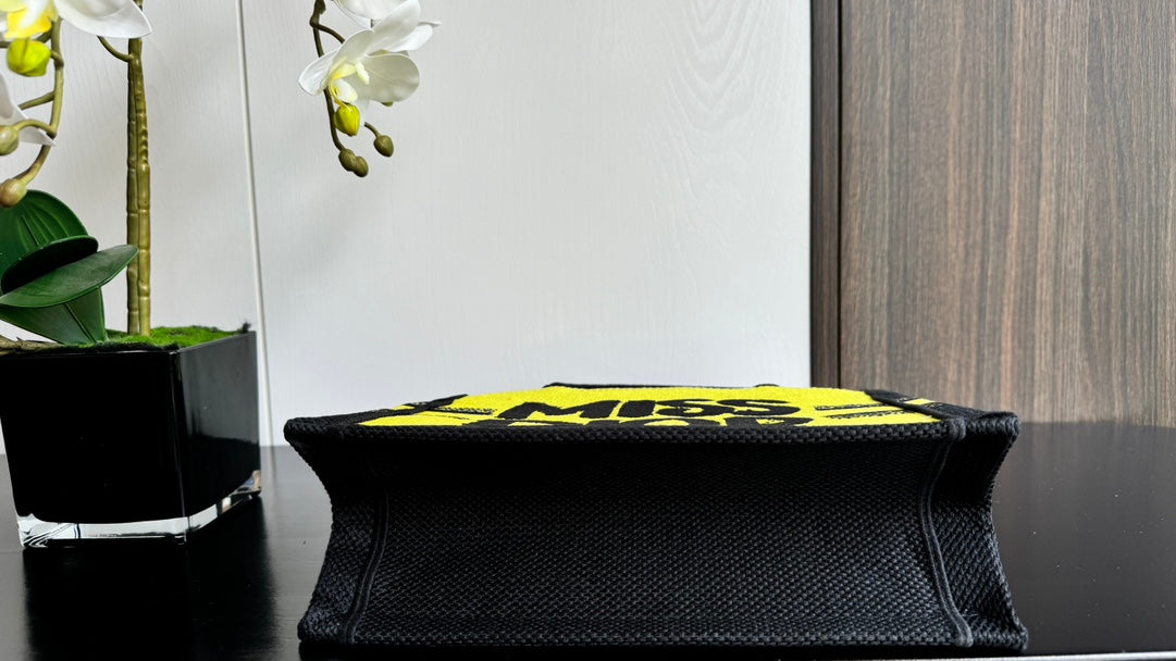 Christian Dior Miss Dior Mini Book Tote - Yellow and Black Embroidered Canvas