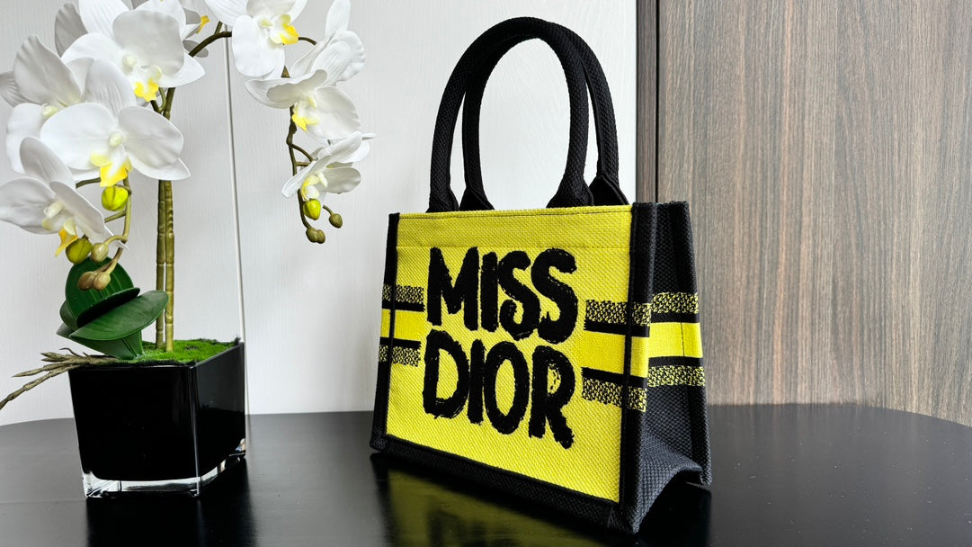 Dior Yellow and Black Graffiti Print Canvas Top Handle Tote Bag