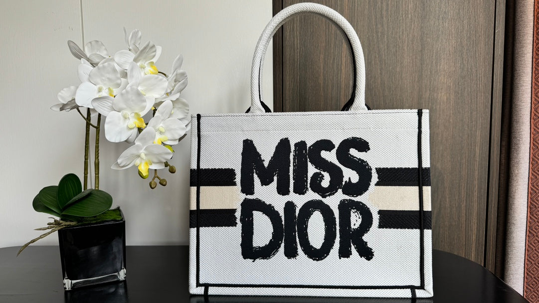 Dior Chic Graphic Print Canvas Tote Handbag with Top Handles