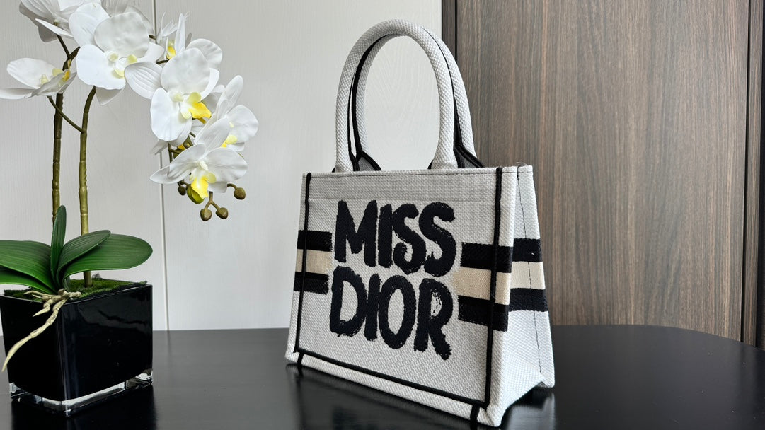 Dior Canvas Top Handle Tote Bag with Black Graffiti Graphic Print