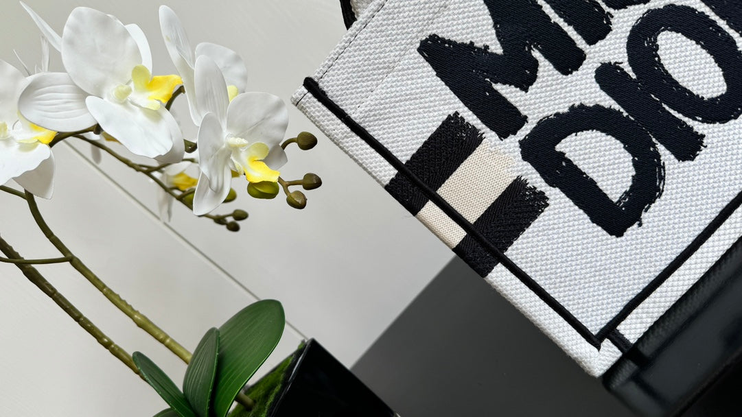 Dior Chic Black and White Graffiti Print Canvas Tote Bag with Handles