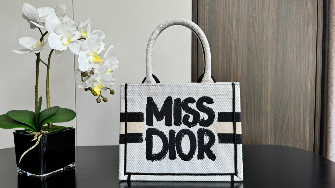 Dior Chic Black and White Graffiti Print Canvas Tote Bag with Handles