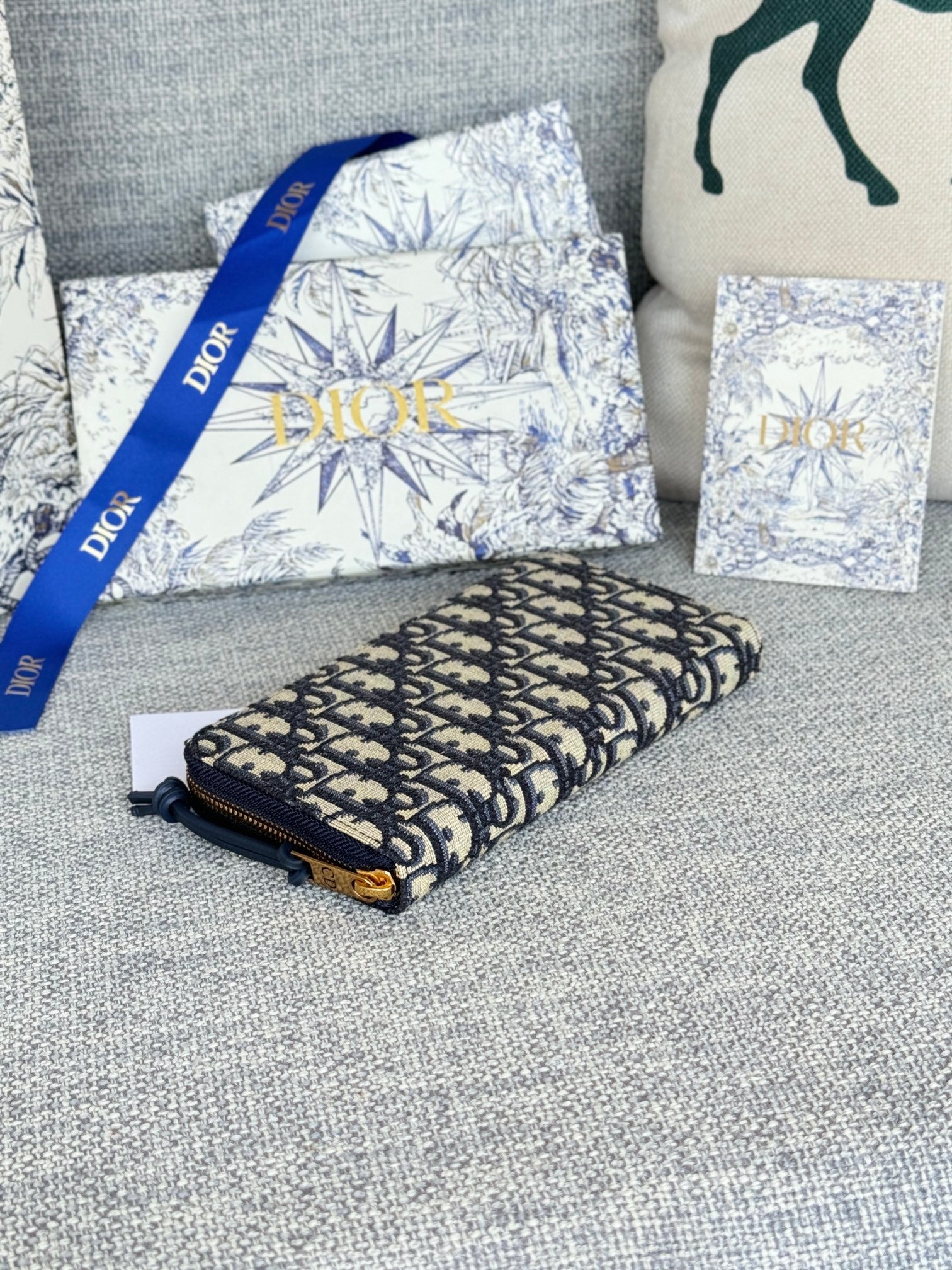 Dior Classic Blue Monogram Jacquard Zip-Around Wallet for Women