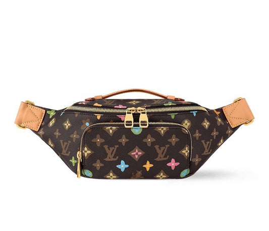 Louis Vuitton Luxury Brown Monogram Waist Bag with Colorful Flower Patterns