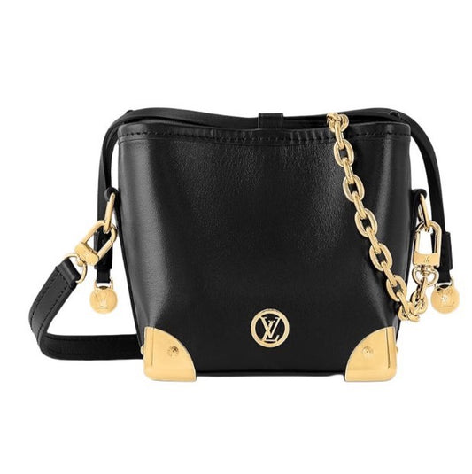 Louis Vuitton Luxury Black Leather Bucket Crossbody Bag with Gold Hardware