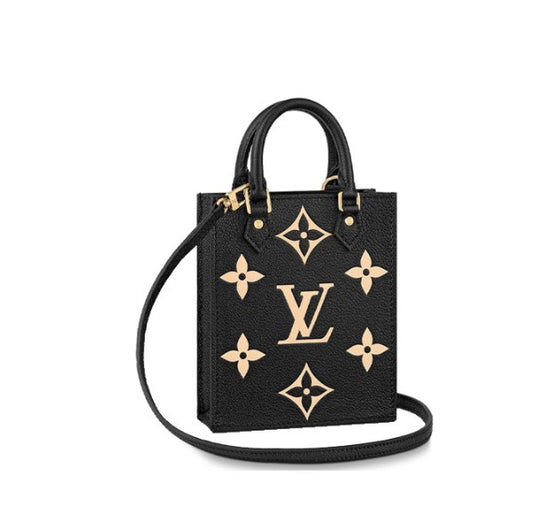 Louis Vuitton Luxury Black Leather Mini Tote Bag with Gold Monogram Flower Embellishments