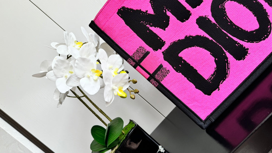 Dior Neon Pink Graffiti Print Square Tote Bag with Black Handles