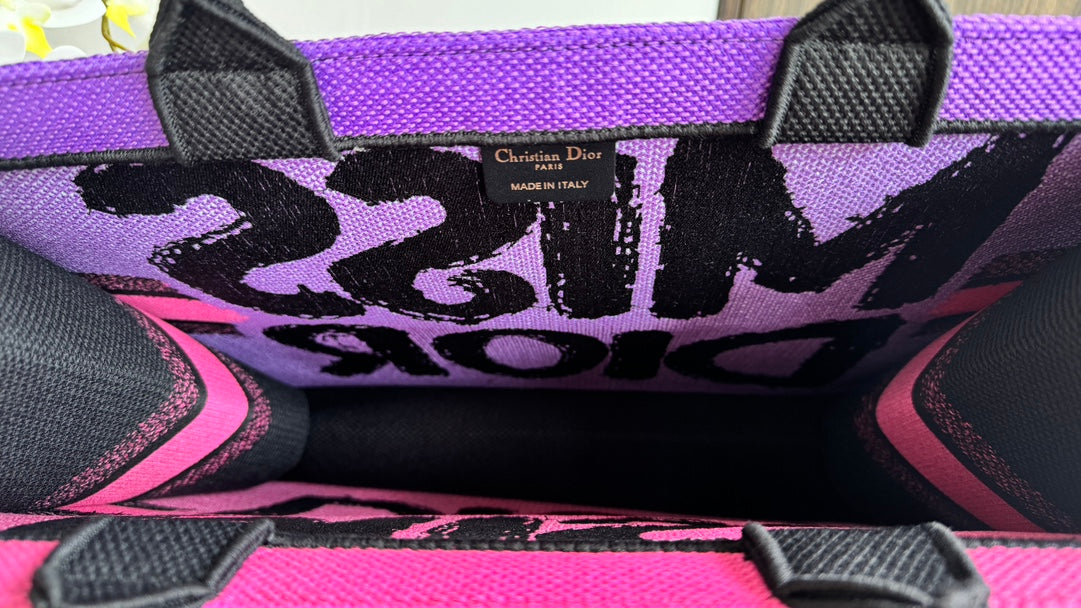 Dior Hot Pink Canvas Tote Handbag with Bold Black Graffiti Print