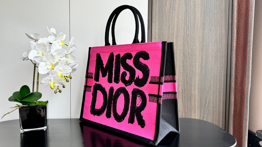 Christian Dior Large Miss Dior Book Tote Bag in Pink Canvas with Black Graffiti Text