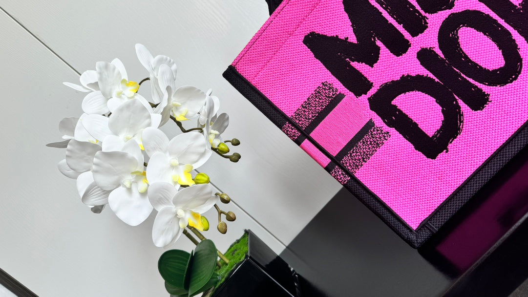 Miss Dior Pink Canvas Tote Bag with Black Graffiti Logo and Handles