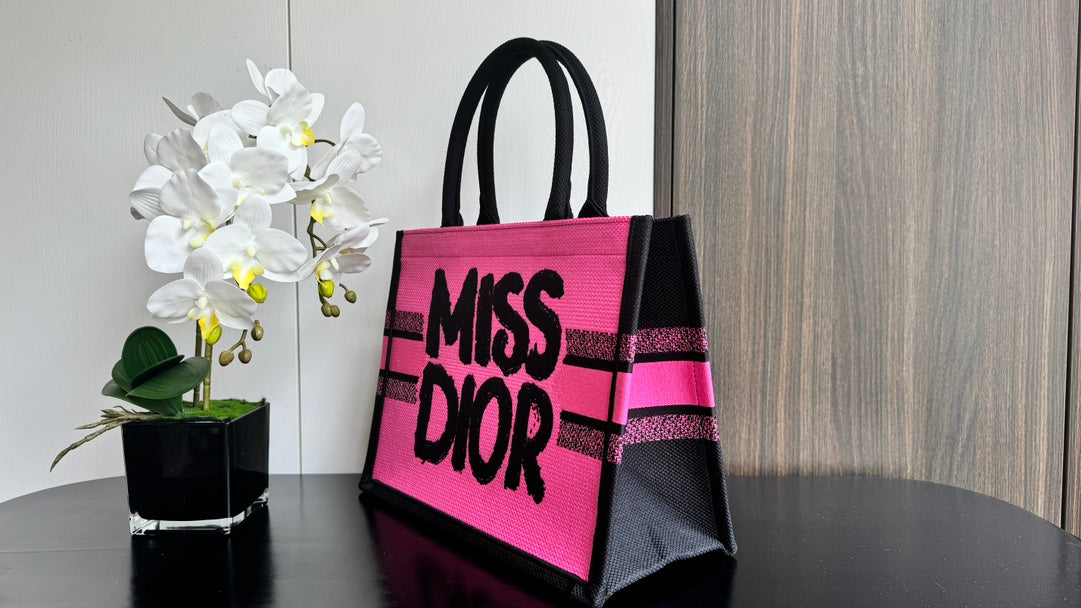 Dior Neon Pink Structured Canvas Tote Bag with Black Graffiti Print