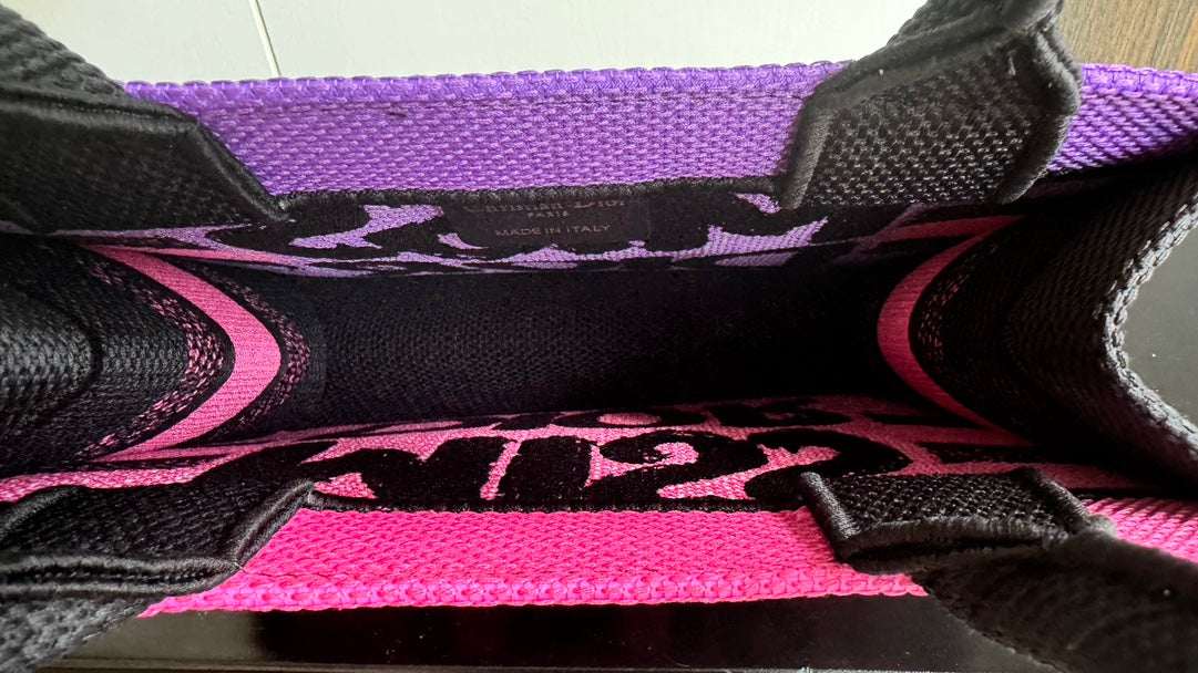 Dior Vibrant Pink Canvas Tote Bag with Black Graphic Print and Top Handles
