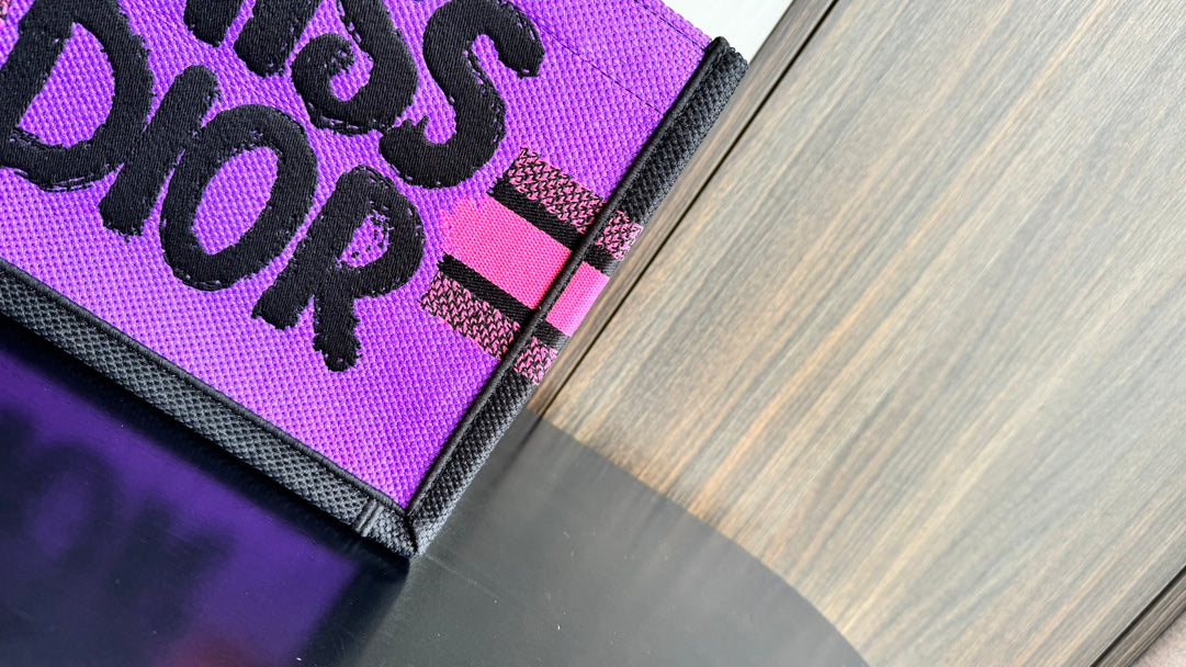 Dior Vibrant Pink Canvas Tote Bag with Black Graphic Print and Top Handles