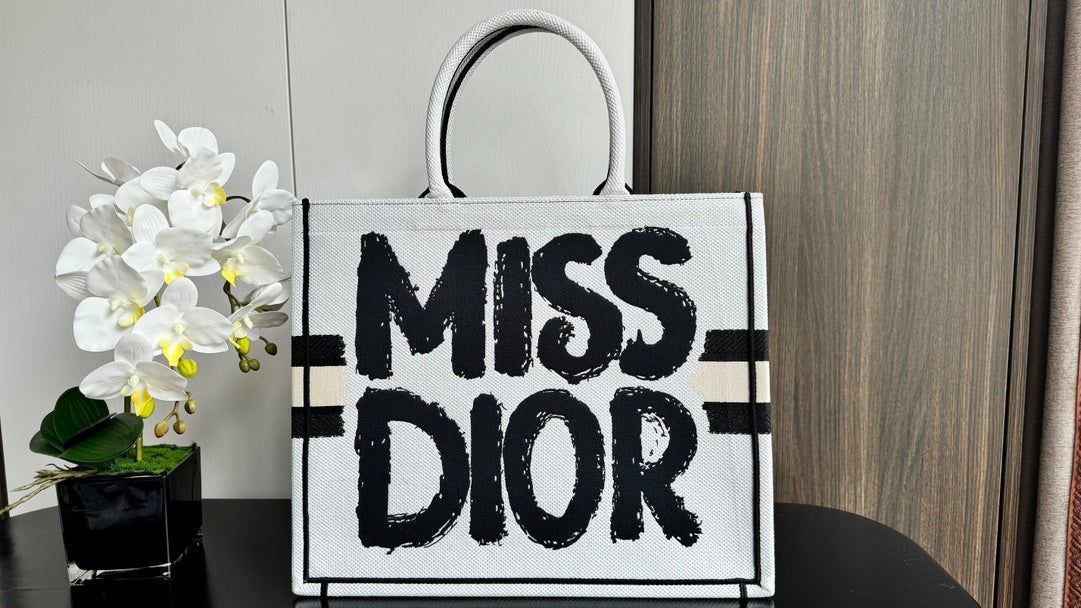 Dior Bold Graffiti Text Print Canvas Tote Bag with Top Handles