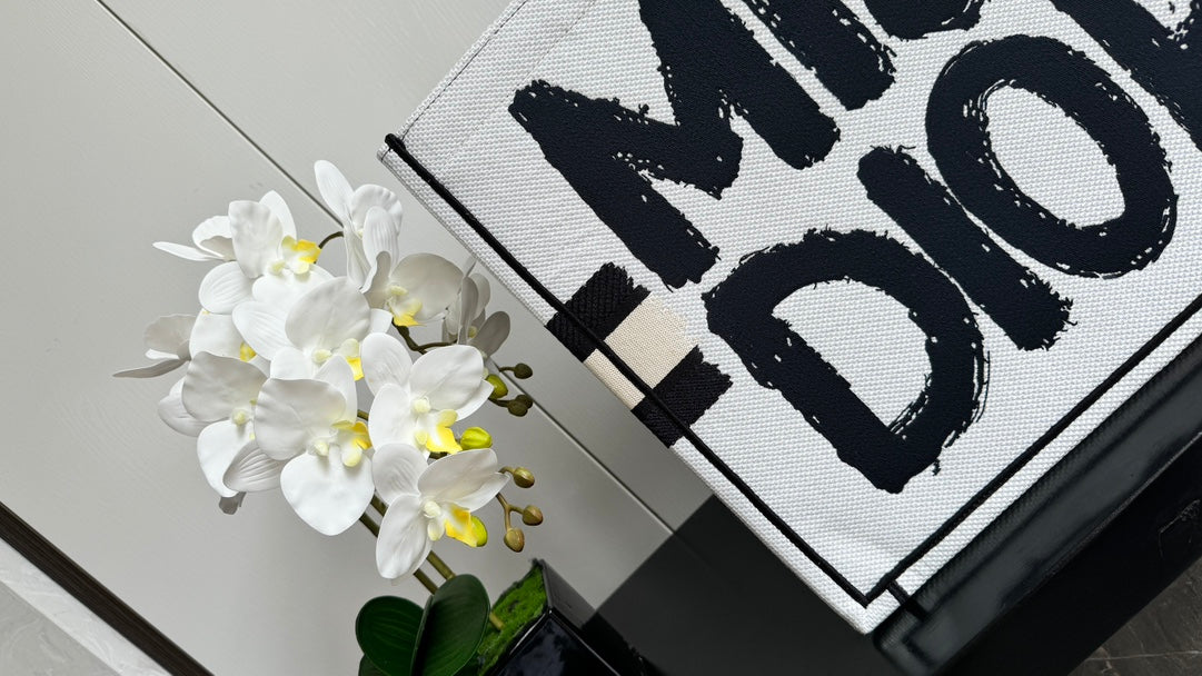 Dior Bold Graffiti Text Print Canvas Tote Bag with Top Handles