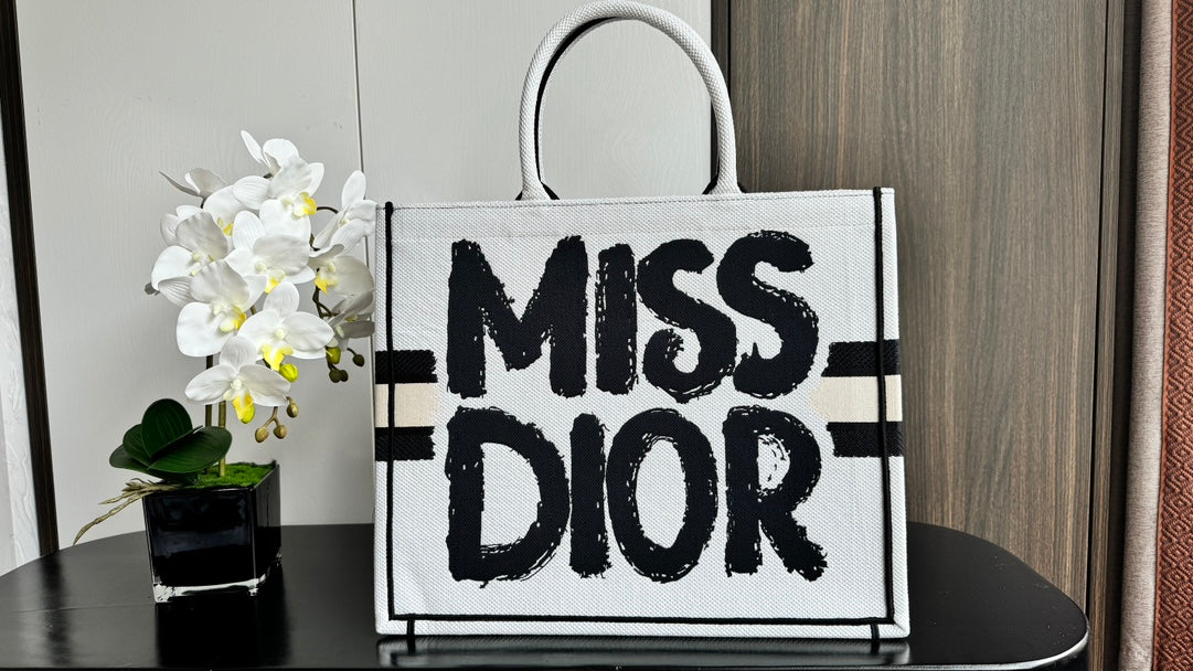 Dior Large White Canvas Tote Bag with Bold Black Lettering Print