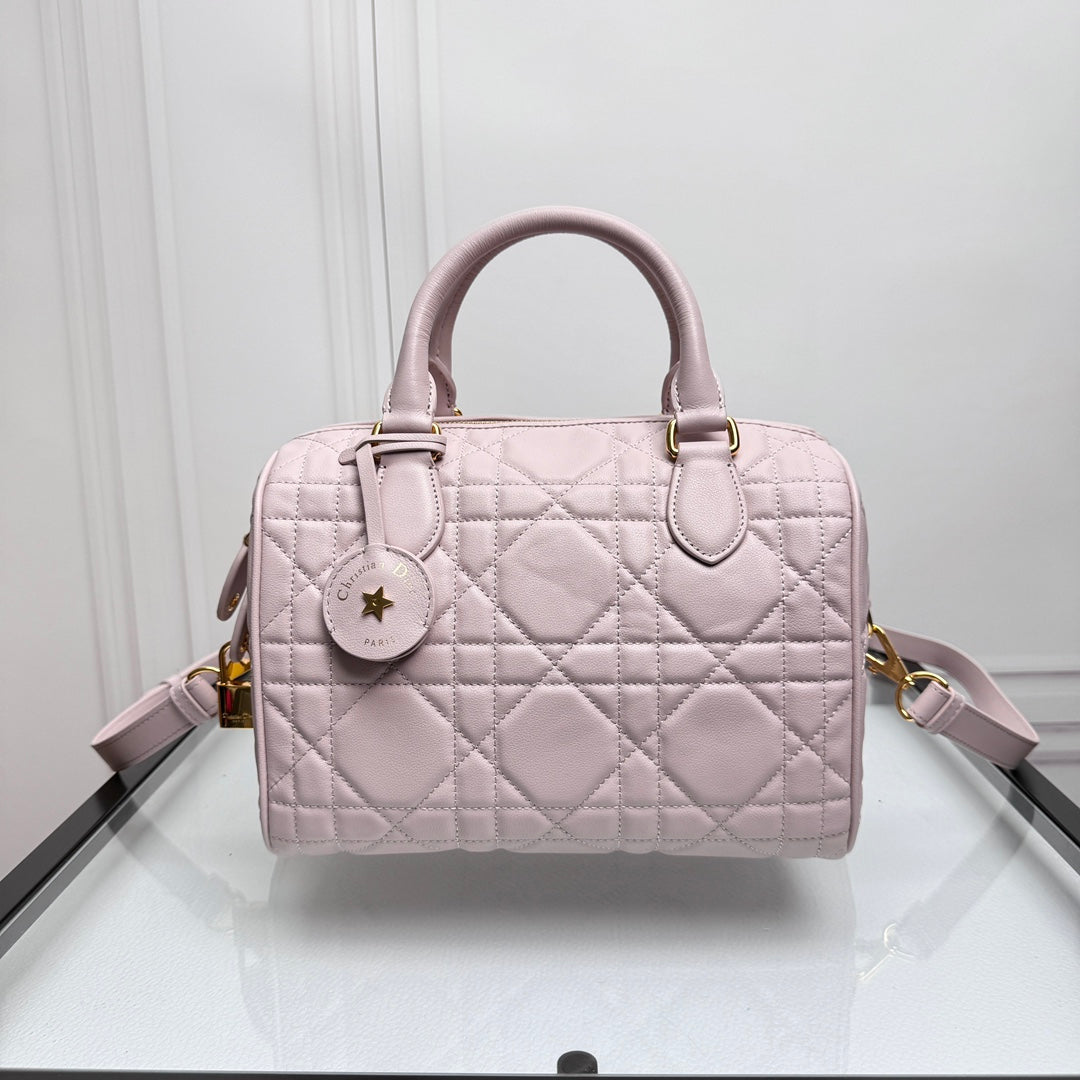 Dior Pink Quilted Leather Bowling Bag with Top Handles and Shoulder Strap