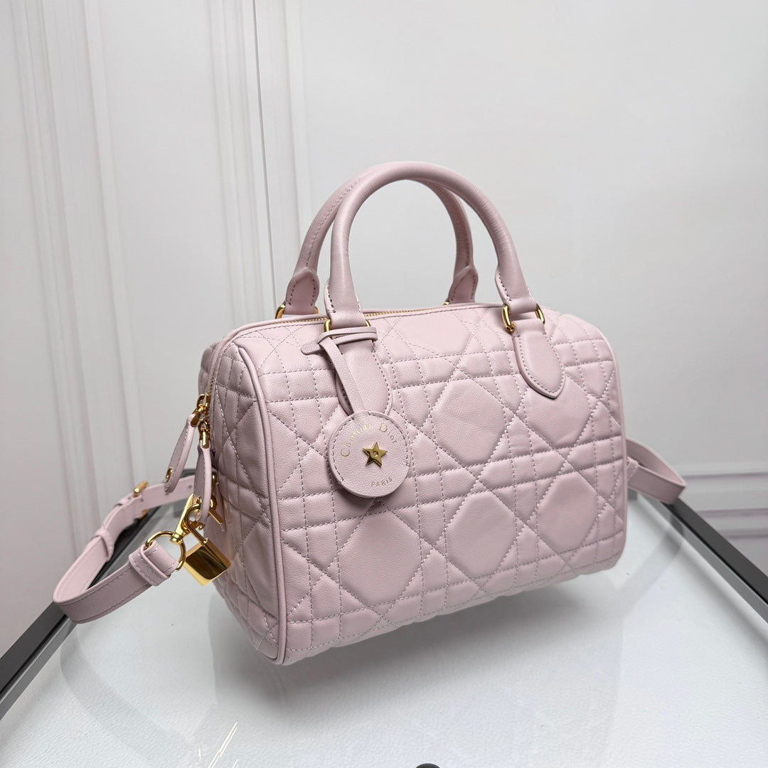 Dior Pastel Pink Quilted Leather Bowling Bag with Crossbody Strap