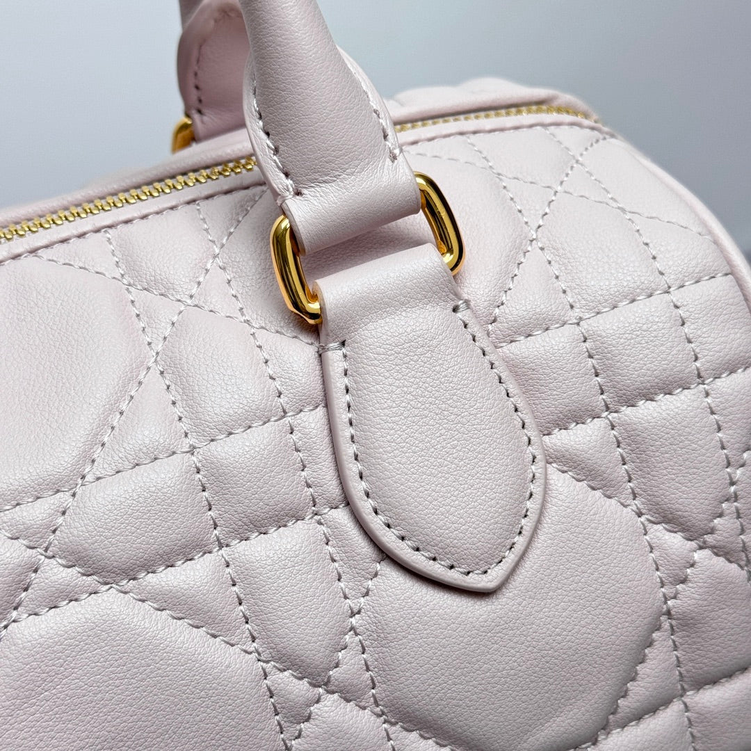 Dior Pink Quilted Leather Bowling Bag with Top Handles and Shoulder Strap
