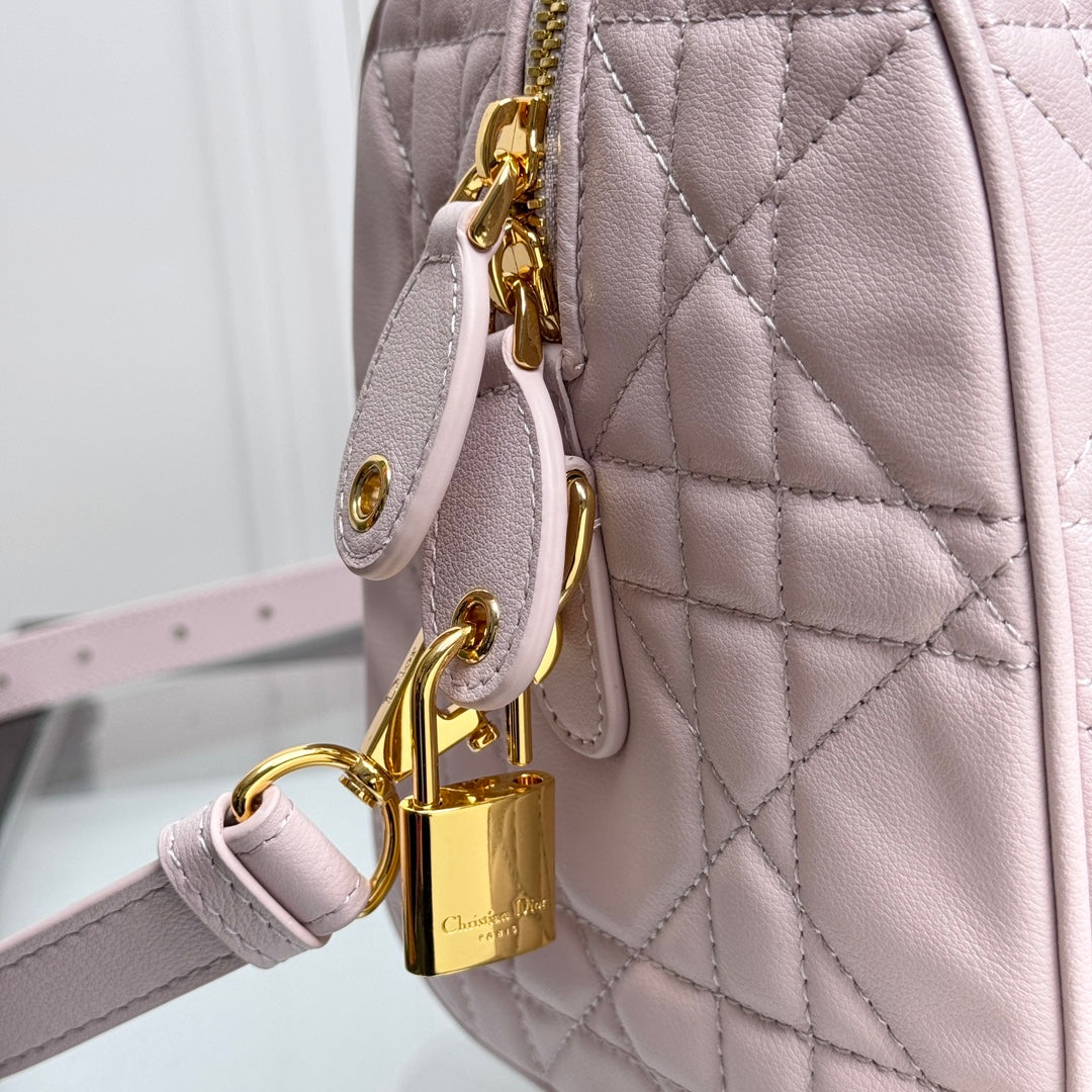 Dior Pastel Pink Quilted Leather Bowling Bag with Crossbody Strap