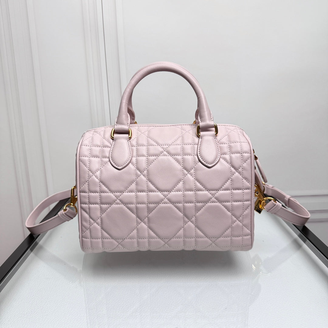 Dior Pastel Pink Quilted Leather Bowling Bag with Crossbody Strap