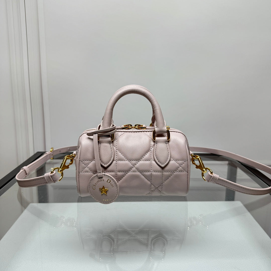 Mini Cannage Quilted Leather Bowling Bag with Top Handles - Soft Pink