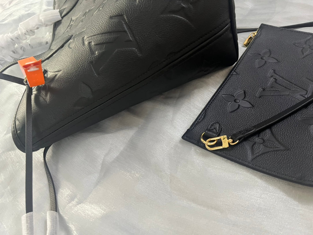 Louis Vuitton Black Embossed Leather Tote Bag with Matching Wristlet Pouch Set