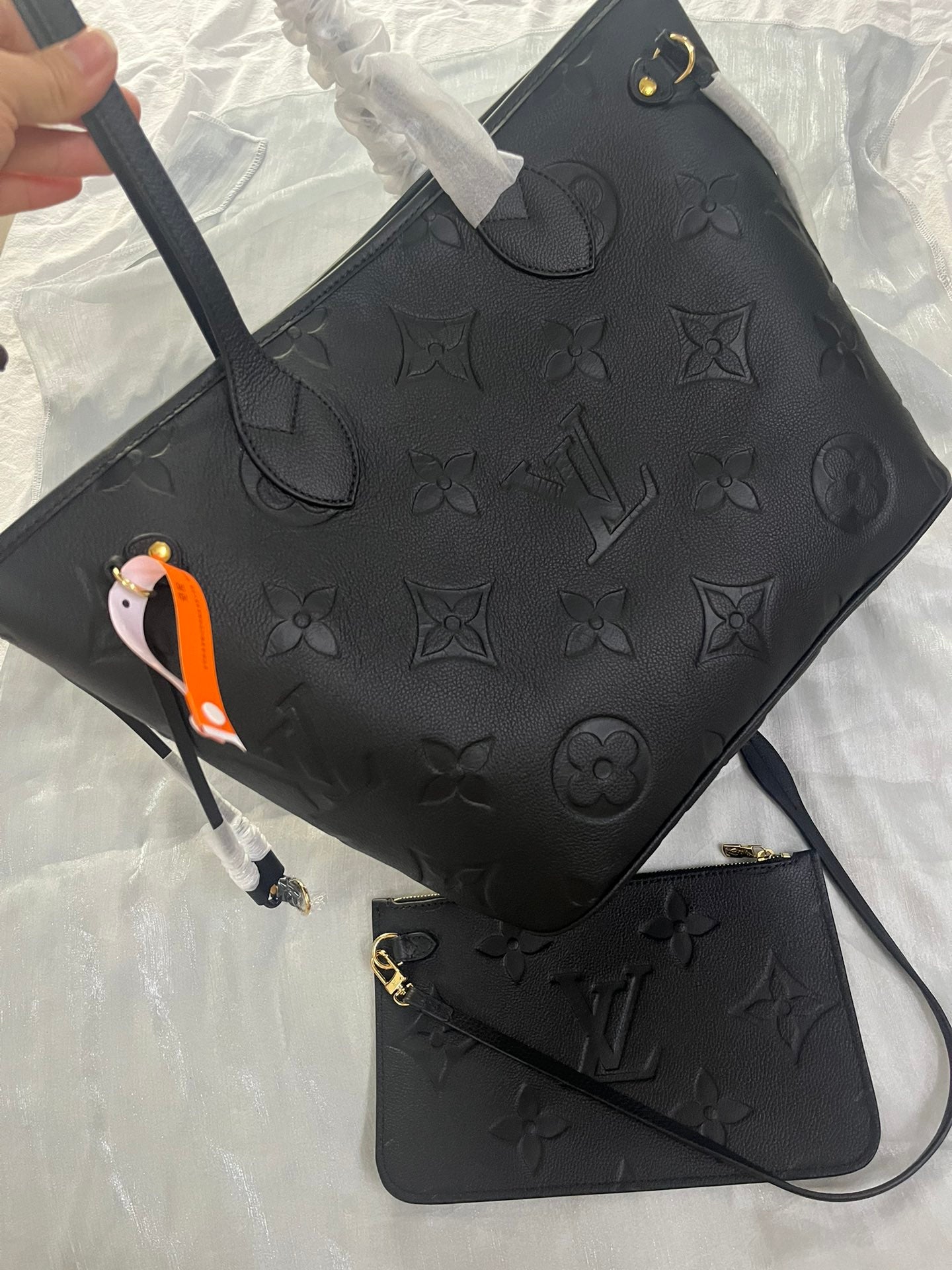 Louis Vuitton Black Embossed Leather Tote Bag with Matching Wristlet Pouch Set