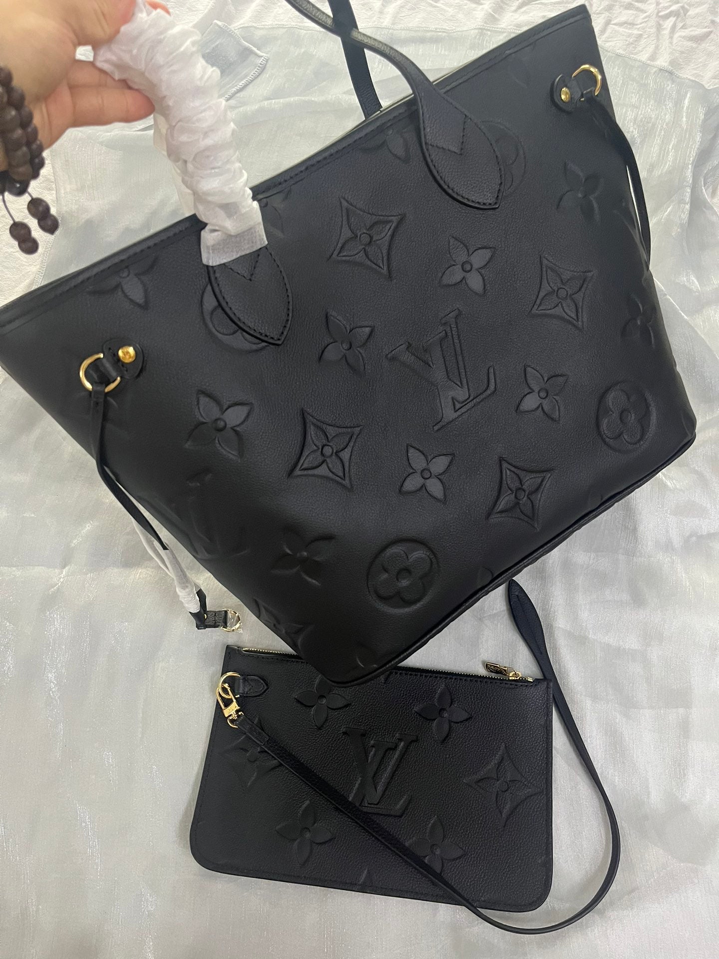 Louis Vuitton Black Embossed Leather Tote Bag with Matching Wristlet Pouch Set