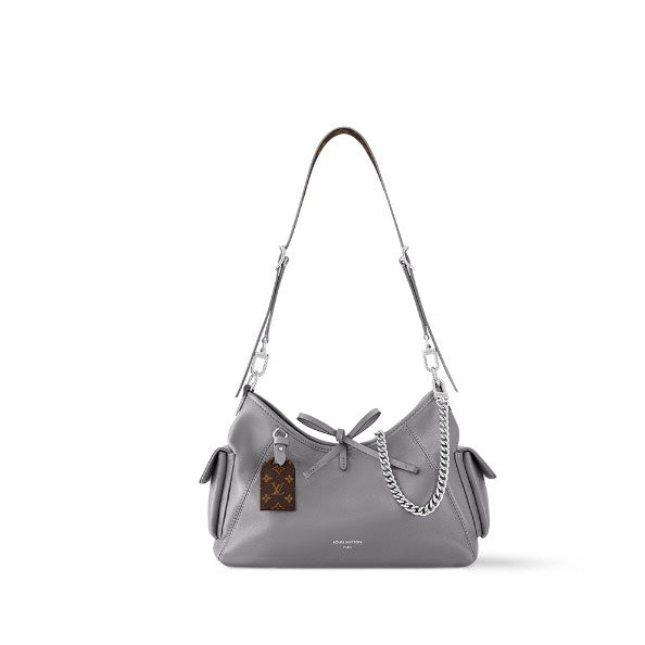 Louis Vuitton Grey Leather Hobo Shoulder Bag with Silver Chain Accent