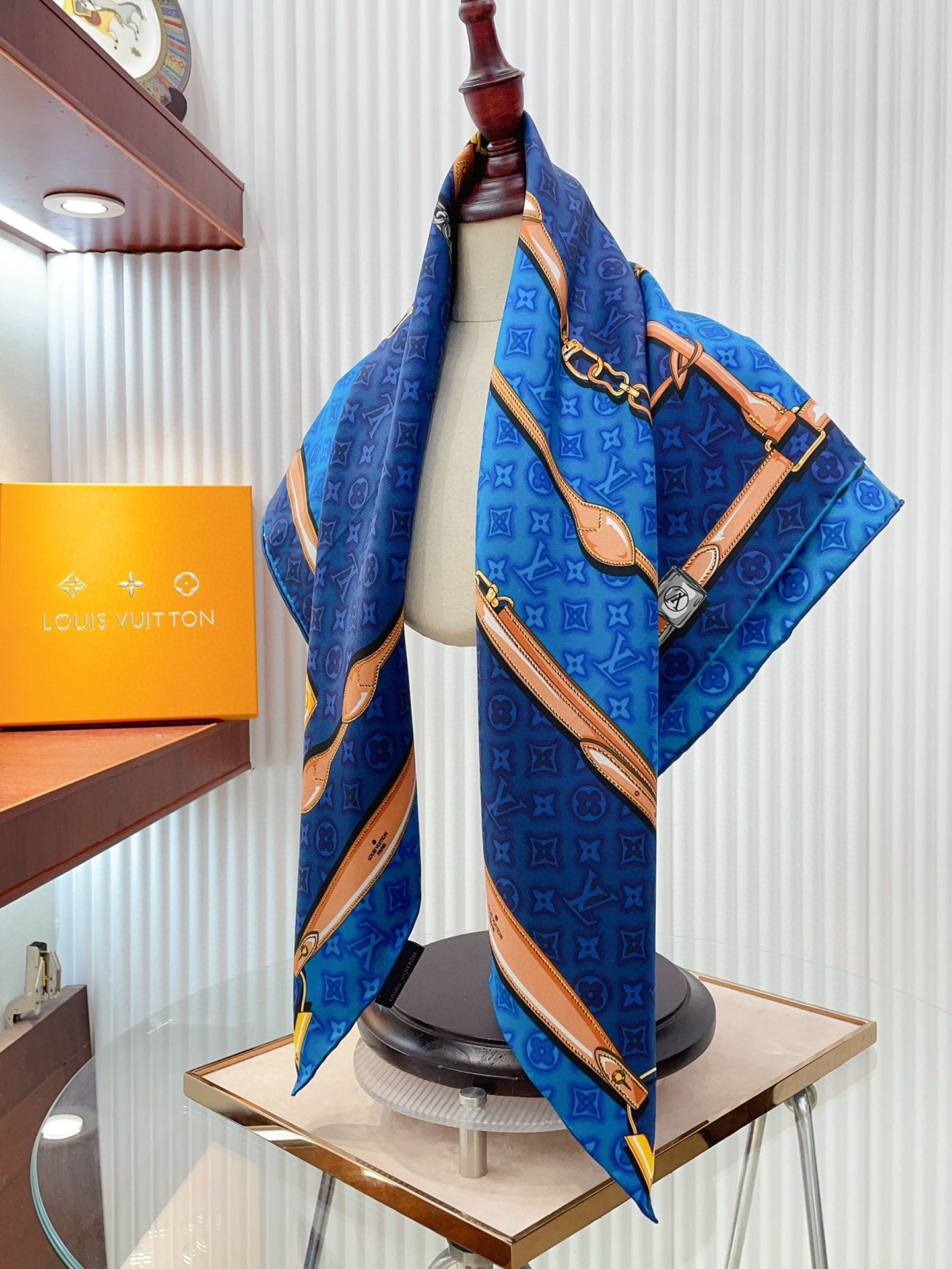 Elegant Blue Silk Square Scarf for Women with Chain and Belt Print Pattern