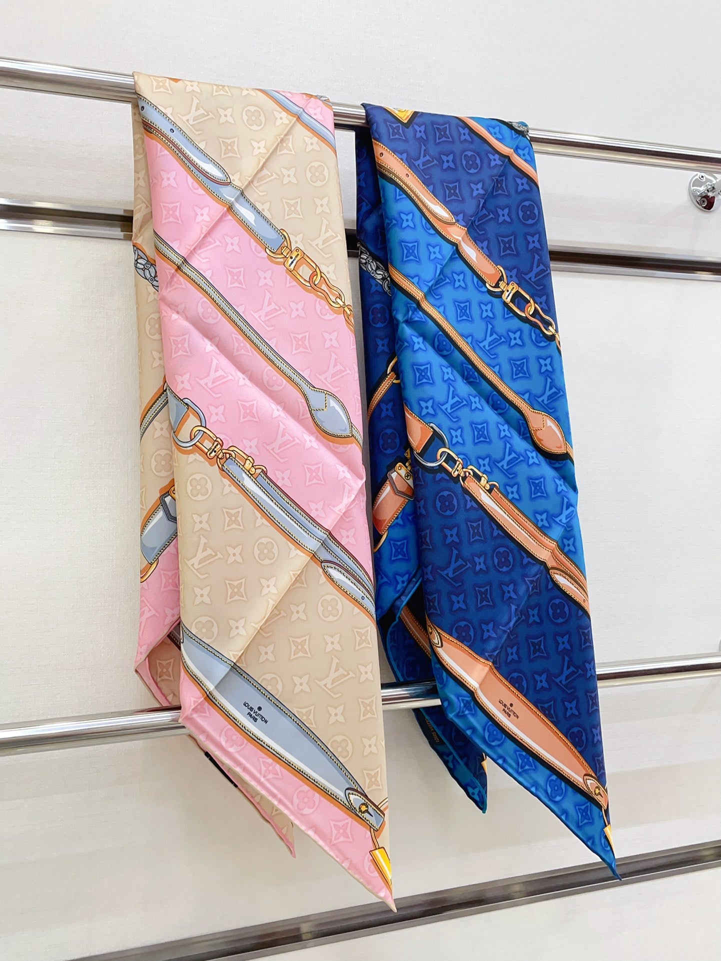 Elegant Blue Silk Square Scarf for Women with Chain and Belt Print Pattern