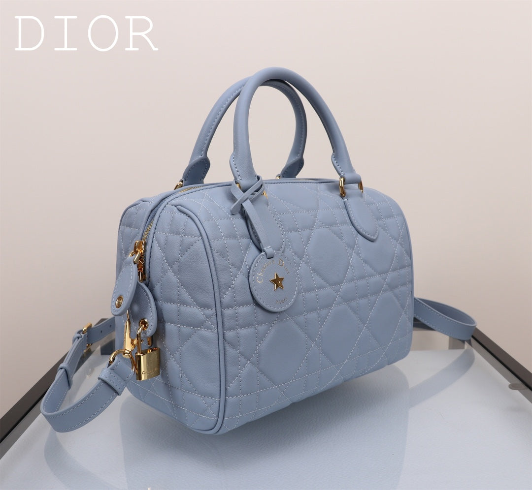 Dior Light Blue Quilted Leather Duffle Bag with Crossbody Strap