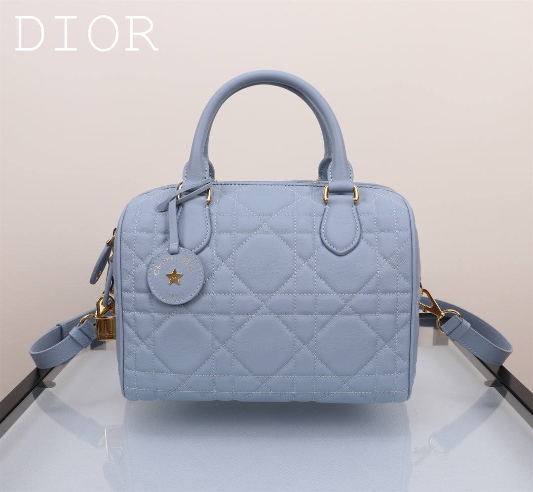 Dior Light Blue Quilted Leather Duffle Bag with Crossbody Strap