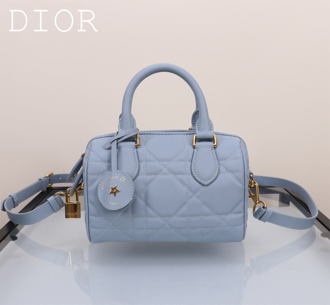Dior Quilted Light Blue Leather Mini Boston Bag with Crossbody Strap