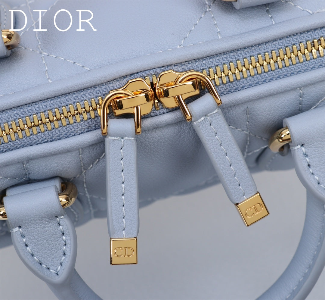 Dior Light Blue Quilted Leather Mini Bowling Handbag with Gold Star Charm