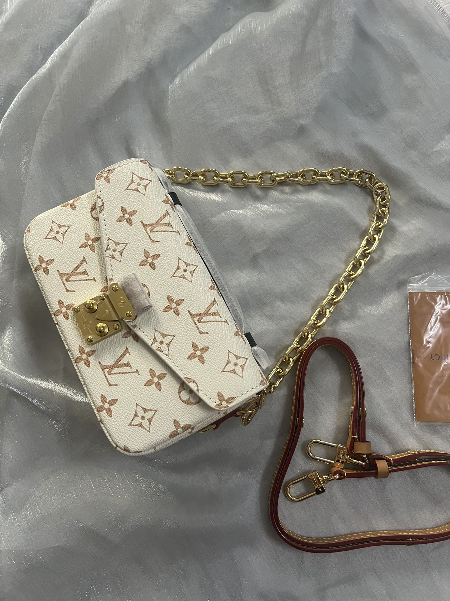 Classic Cream Monogram Luxury Shoulder Bag with Gold Chain &amp; Crossbody Strap